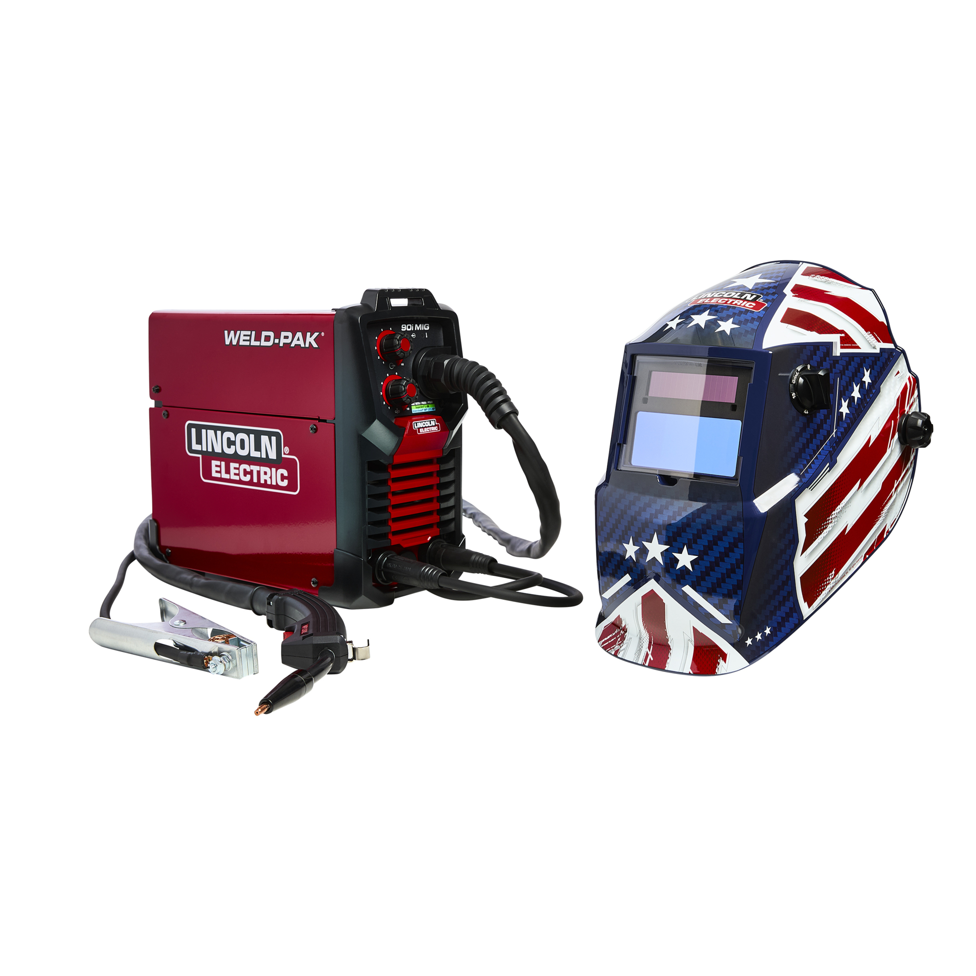 Lincoln Electric WELD-PAK 90i MIG/Flux-Cored Wire Feeder Welder with Gas Regulator Kit Model# K5256-1, Auto-Darkening Helmet Shade 9-13, Patriot, Model# K5387-10